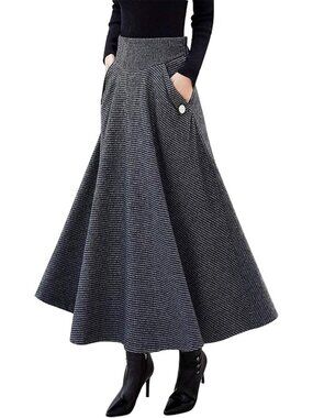 Women's Dark Grey Fall Winter High Waisted Wool Plaid A-line Long Maxi Skirt